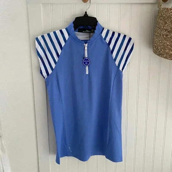 RLX Ralph Lauren Womens Golf Shirt Top Blue Small Cap Sleeve Quarter Zip Pique - Picture 1 of 12